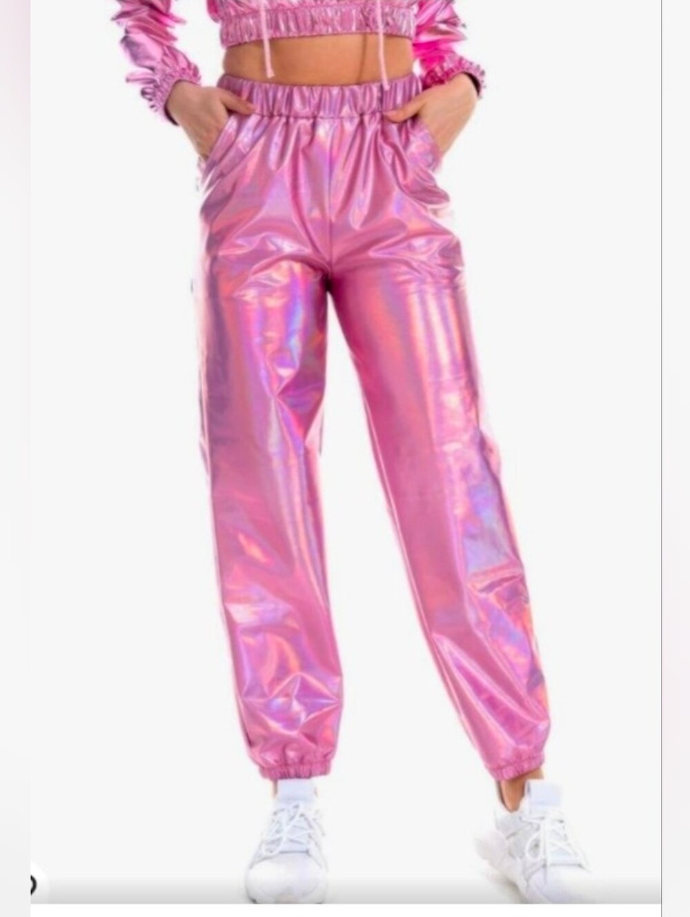 Shiny Metallic Holographic Pink High Waist Jogger Pants